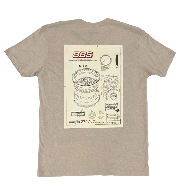 Beige T-shirt with a blueprint-style technical diagram on the back.
