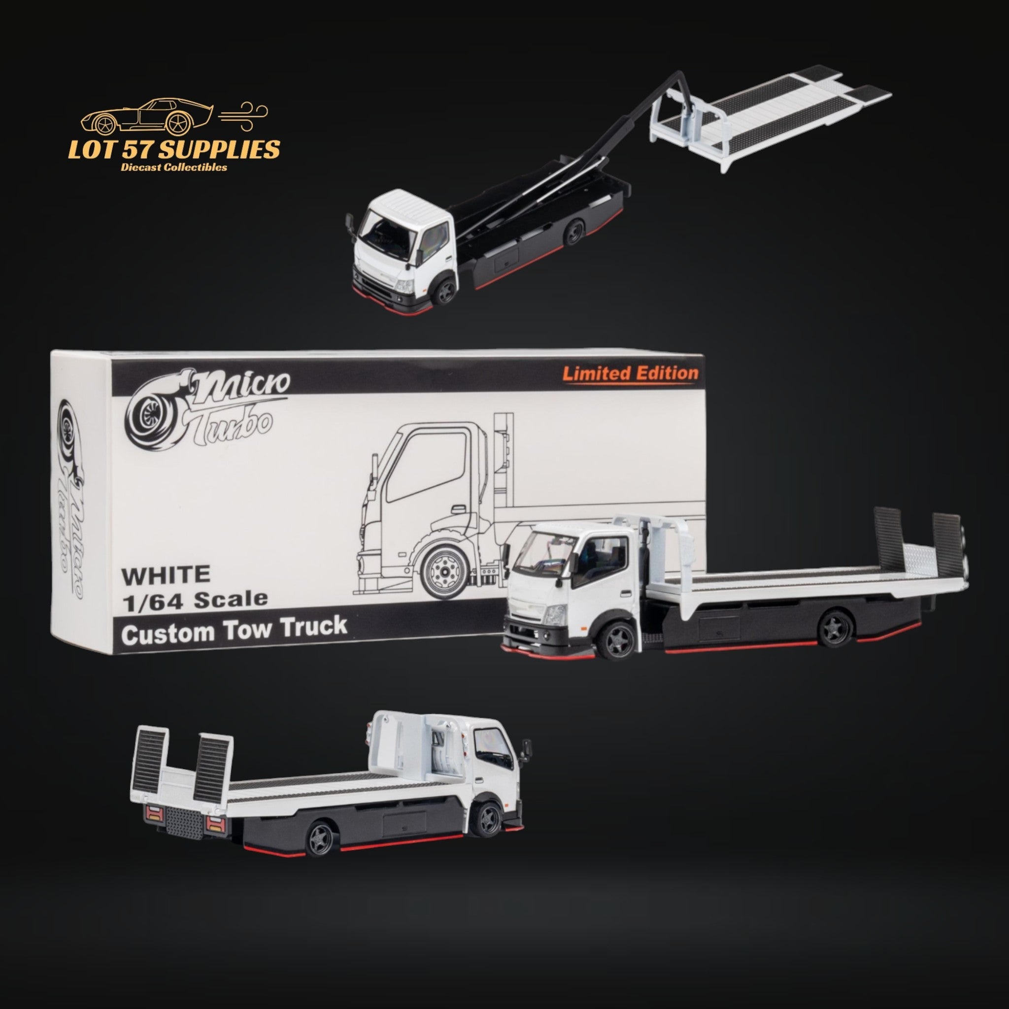 MicroTurbo Hino 300 Custom Flatbed Truck White 1:64