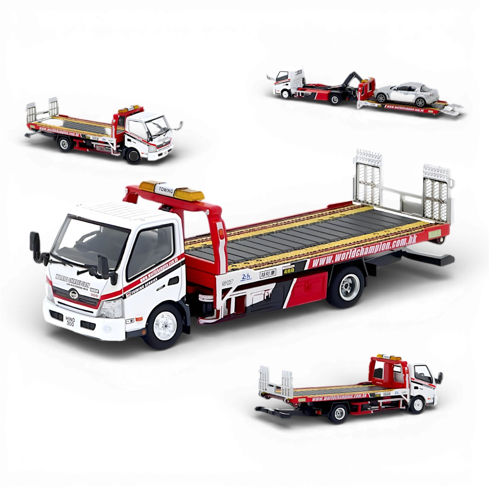 Unique Model Hino 300 Dutro Flatbed Tow Truck World Champion 1:64
