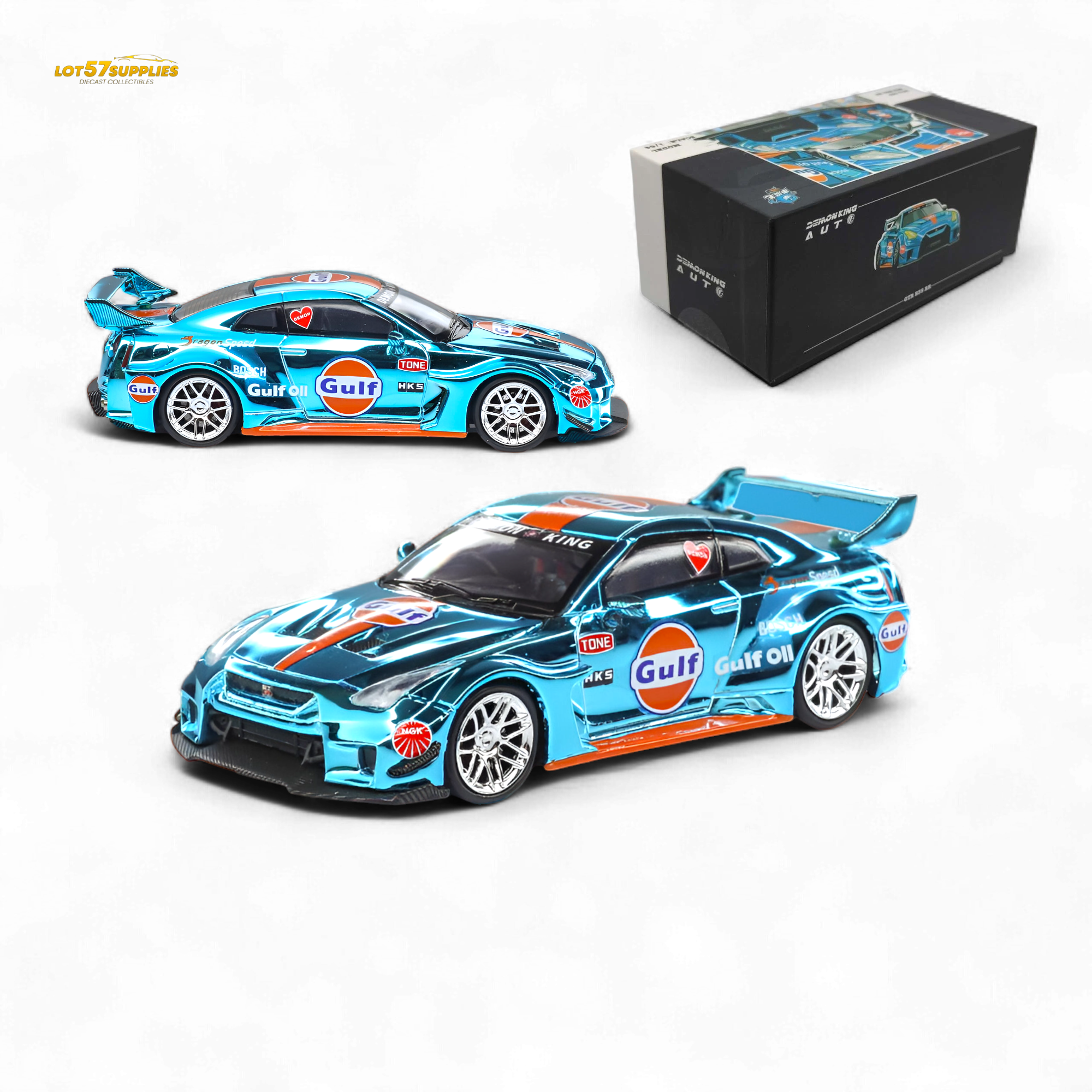 DEMON KING Auto LBWK Nissan GT-R R35 Chrome Gulf 1:64