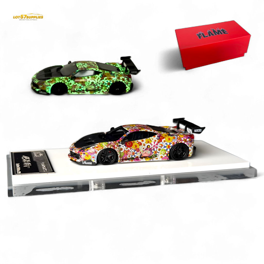 Flame Ferrari 458 GT LB Wide-Body - Takashi Murakami Flower Livery - Glows in dark 1:64 Resin