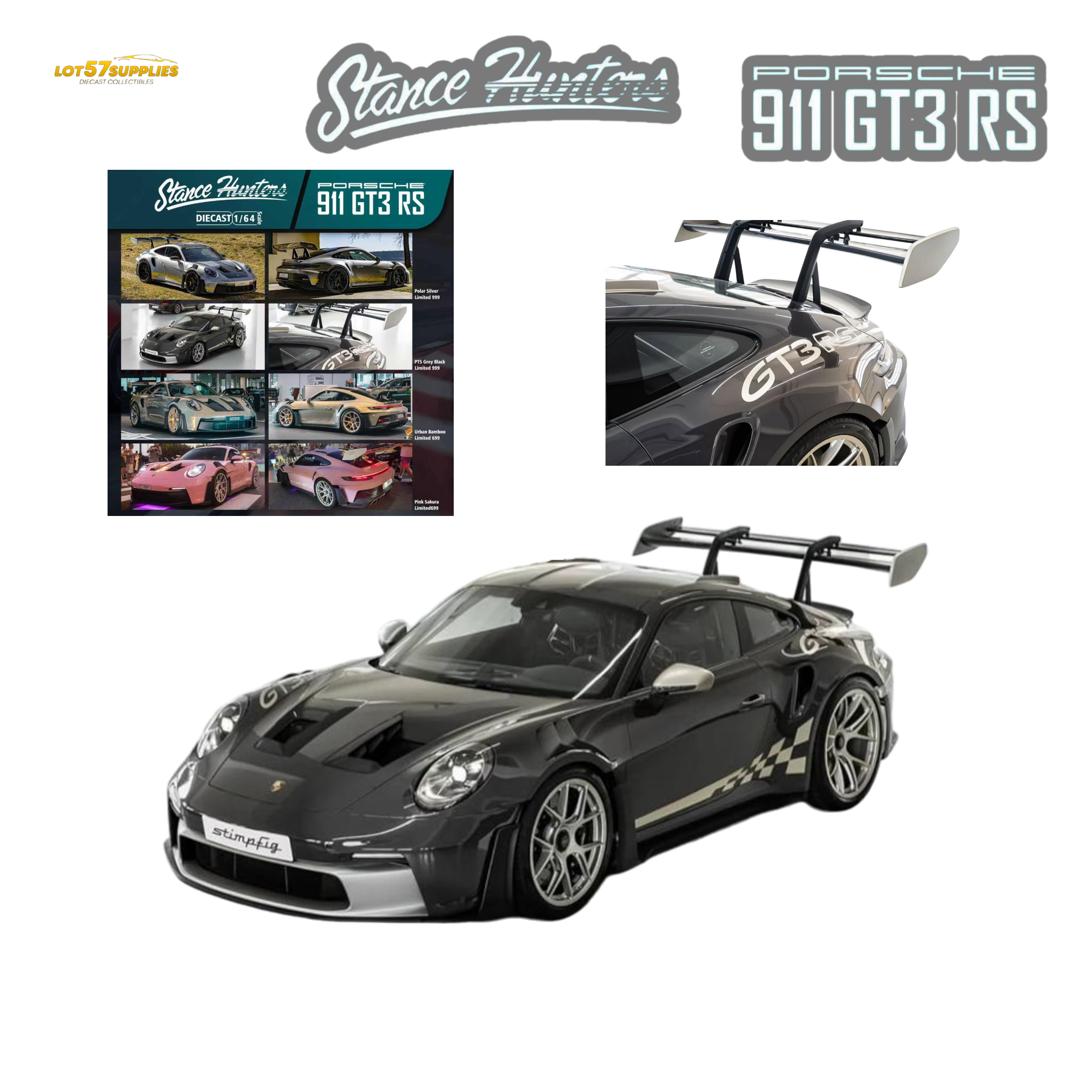(Pre-Order) Stance Hunters Porsche 911 GT3 RS 992 PTS Grey Black 1:64