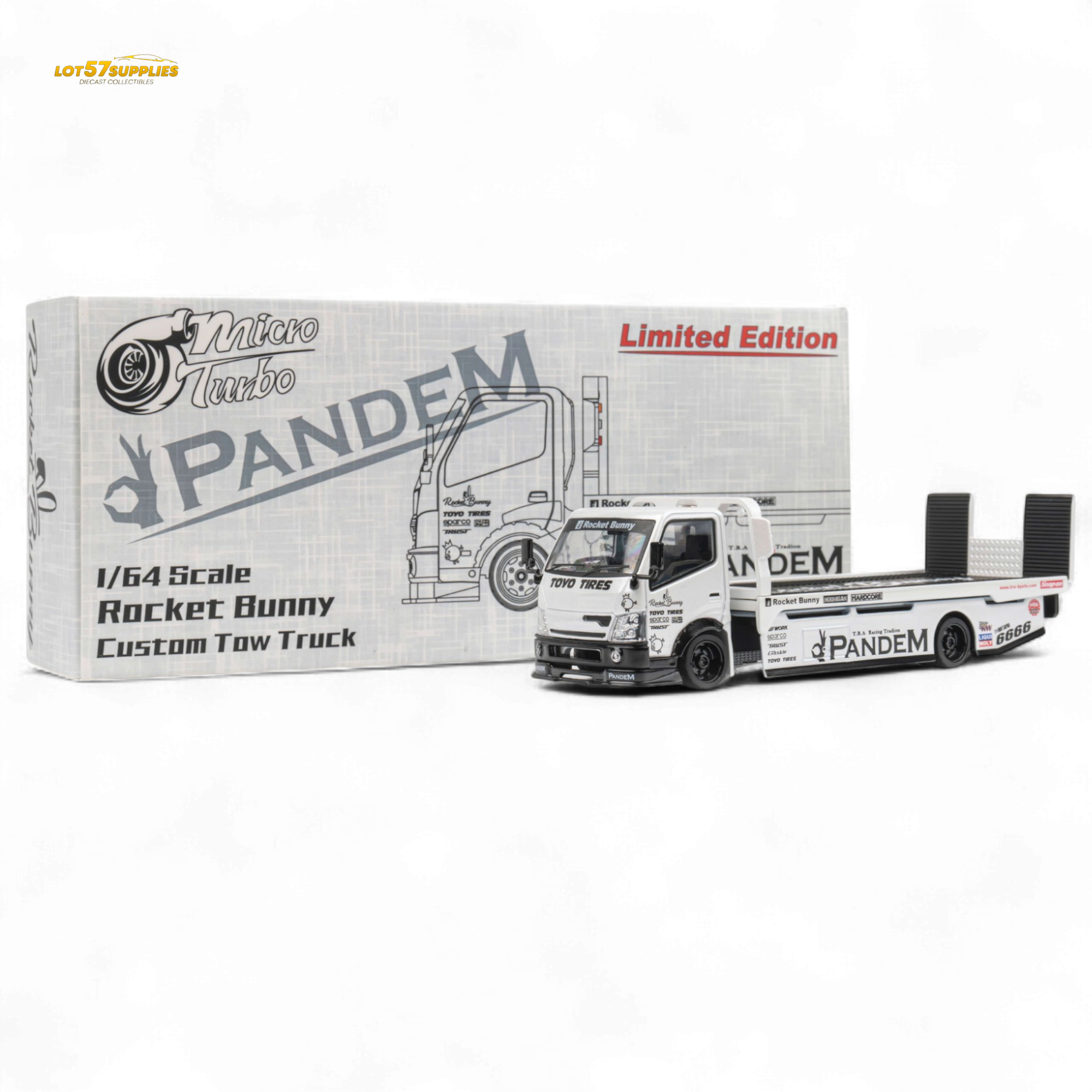 MicroTurbo Hino 300 Flat Bed Truck Pandem Rocket Bunny White 1:64