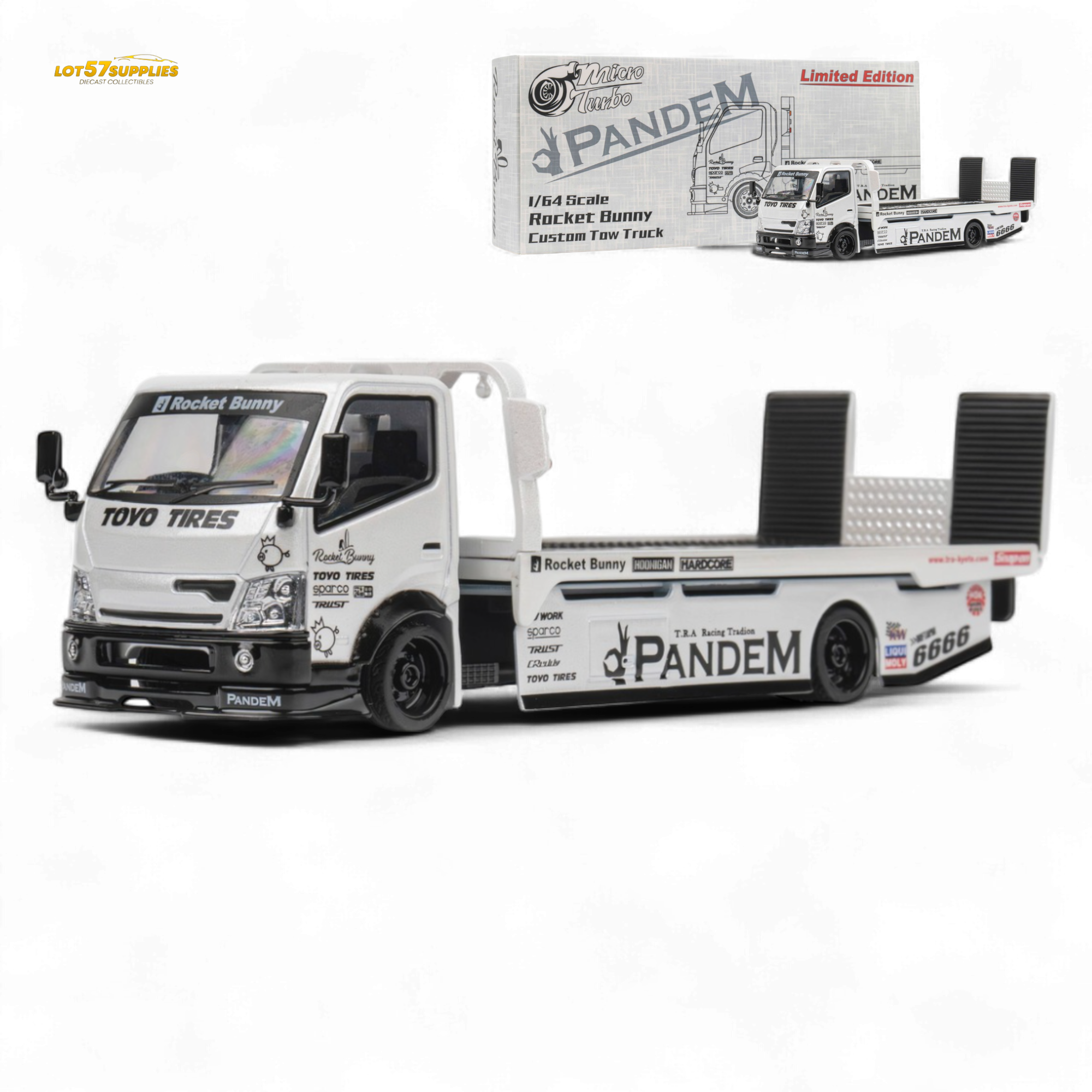 MicroTurbo Hino 300 Flat Bed Truck Pandem Rocket Bunny White 1:64