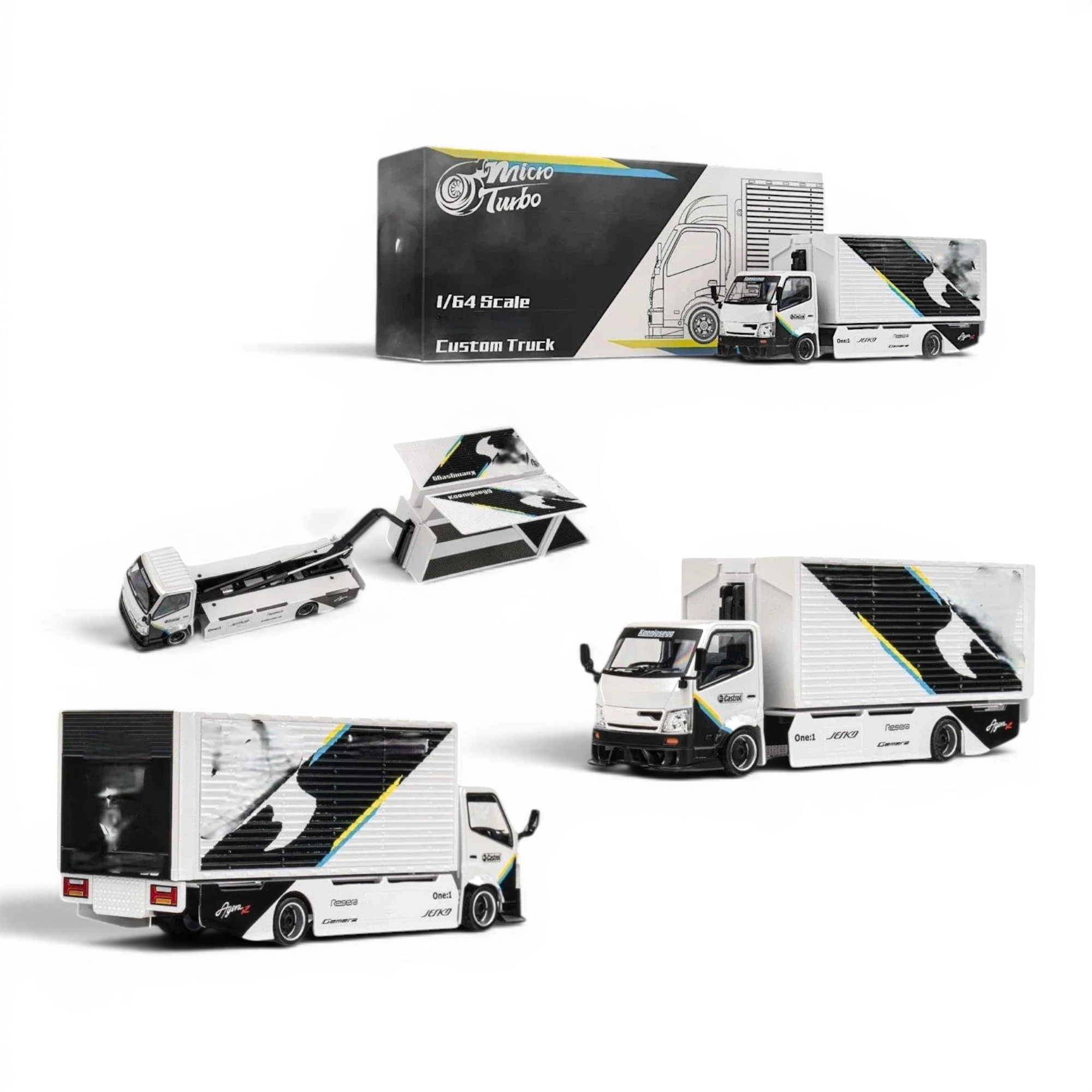 MicroTurbo HINO 300 Custom Box Truck White - Black Livery 1:64