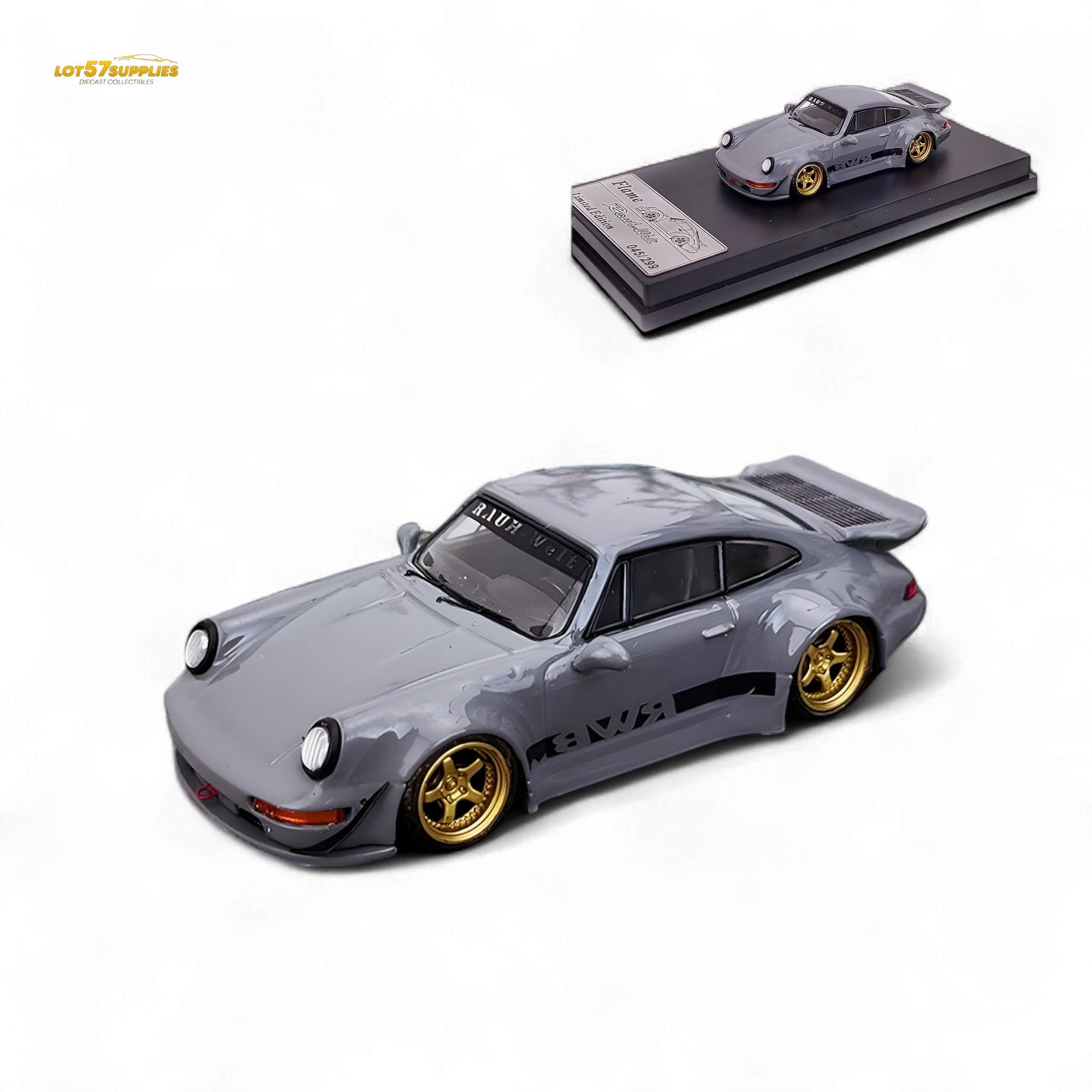 Flame Porsche 964 RWB Whale Tale Cement Gray 1:64