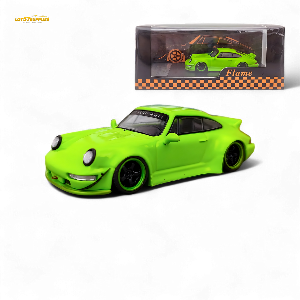 Flame Porsche 964 RWB Ducktail Fluorescent Green 1:64