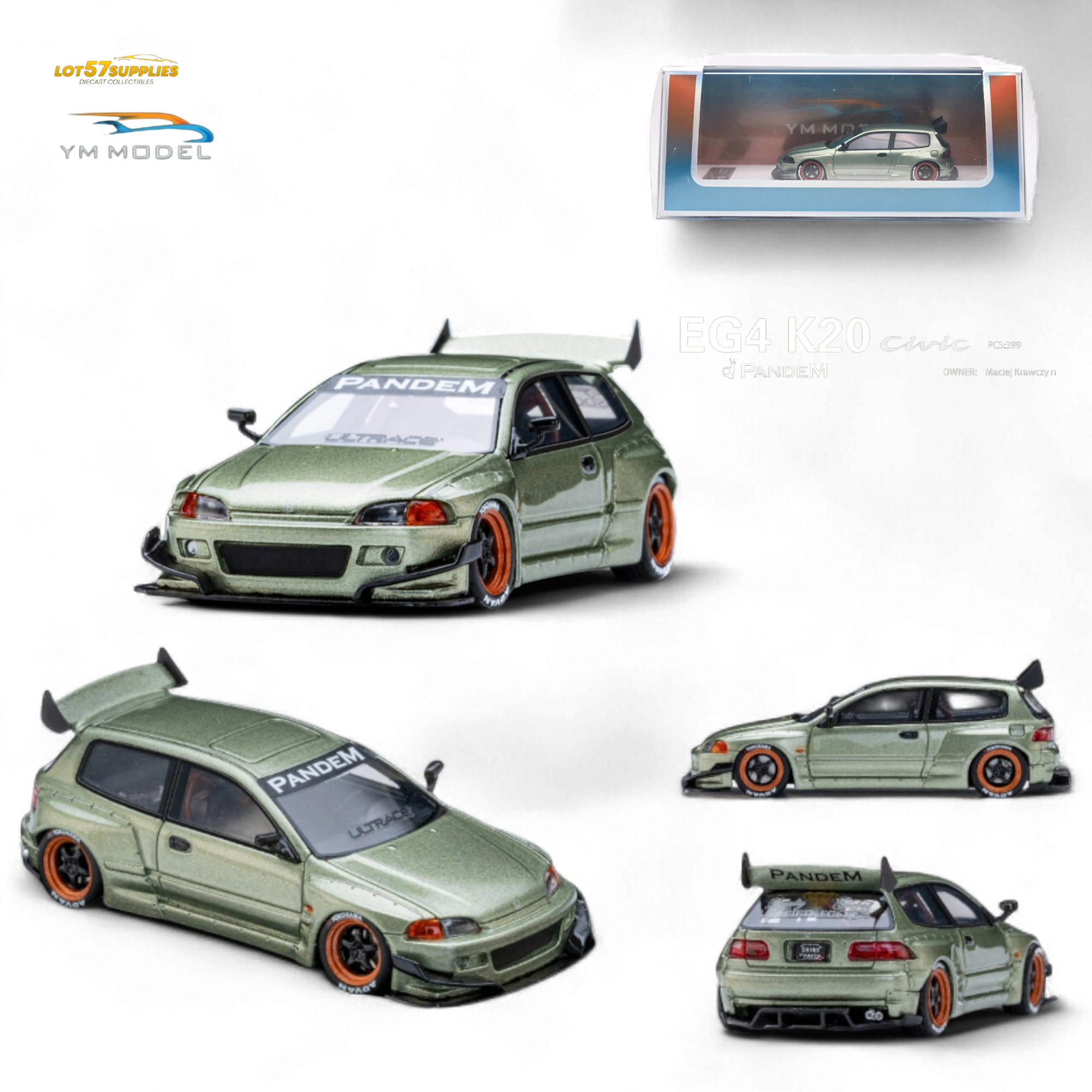 YM Model Honda Civic Pandem EG4 K20 Modified Bronze Green 1:64