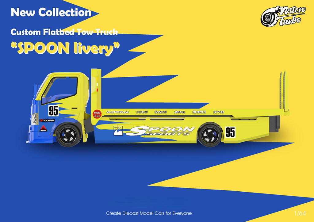 MicroTurbo Hino 300 Custom Flatbed Tow Truck Spoon Livery 1:64