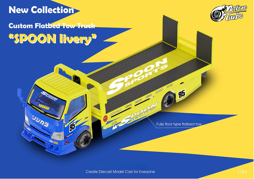 MicroTurbo Hino 300 Custom Flatbed Tow Truck Spoon Livery 1:64