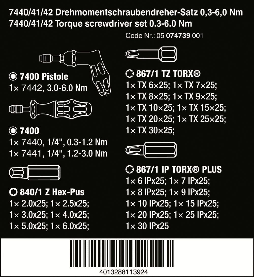 Wera 7440/41/42 Kraftform Torque Screwdriver Set 0.3-6.0 Nm Metric 05074739001