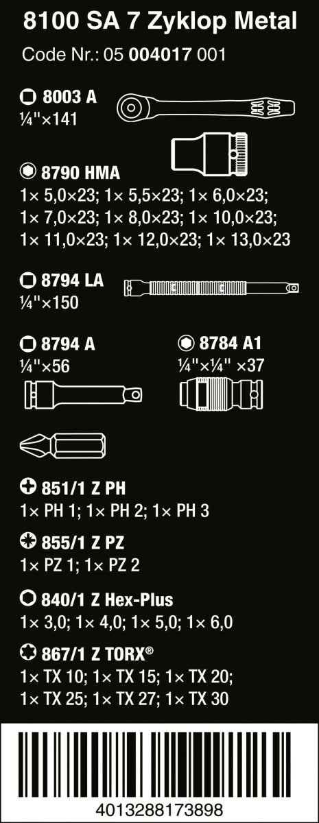 Wera 8100 SA 7 Zyklop Metal Push Ratchet Set 1/4" Drive Metric 05004017001