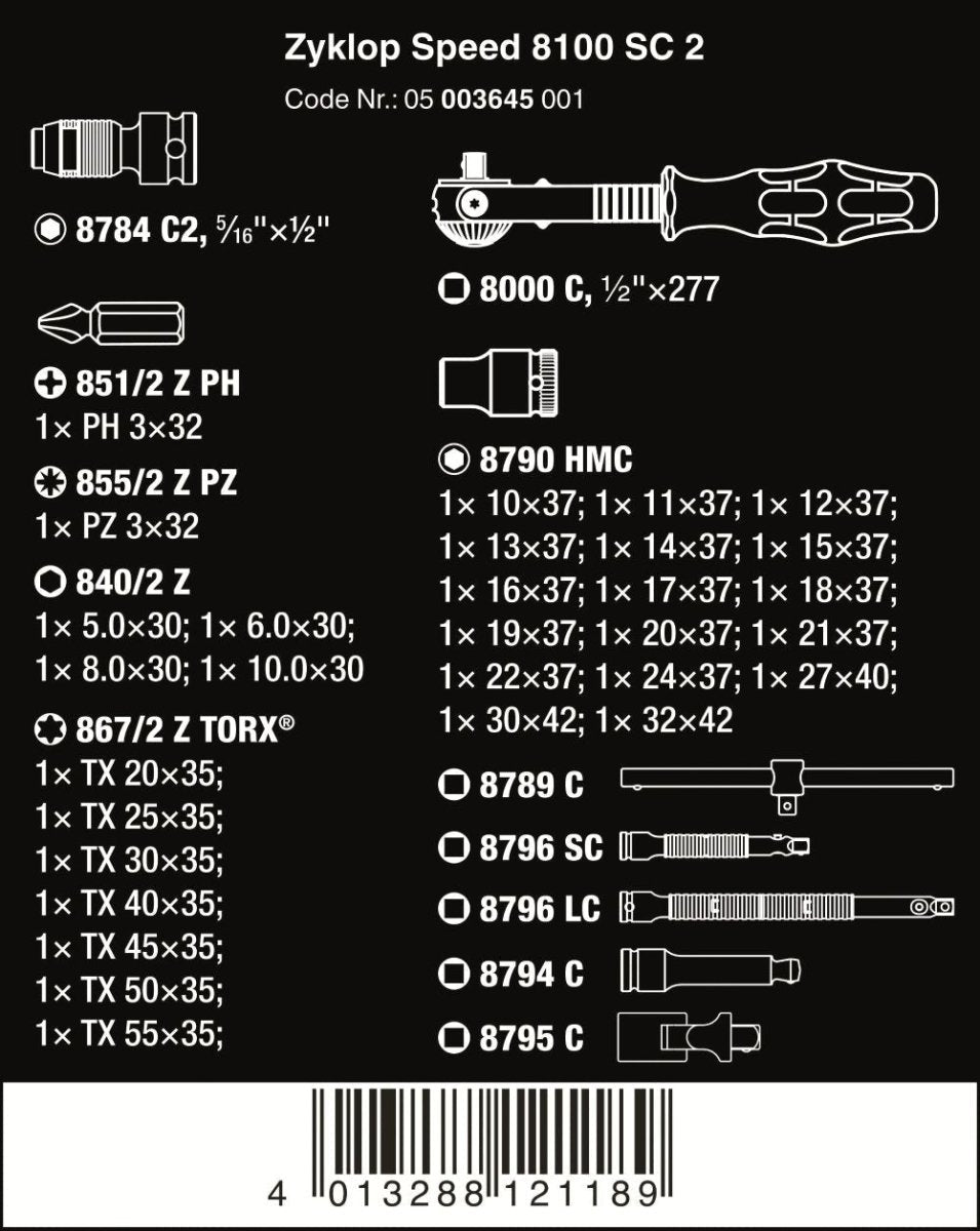 Wera 8100 SC 2 Zyklop Speed Ratchet Set 1/2" Drive 37 Pieces Metric 05003645001
