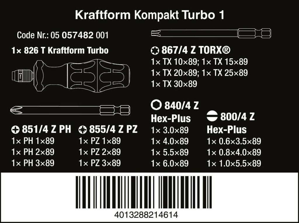 Wera 826 T Kraftform Kompakt Turbo 1 Screwdriver Set 19 Piece Metric 05057482001