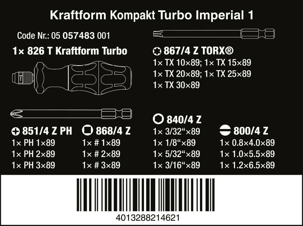 Wera 826 T Kraftform Kompakt Turbo 1 Screwdriver Set 19 Piece SAE 05057483001
