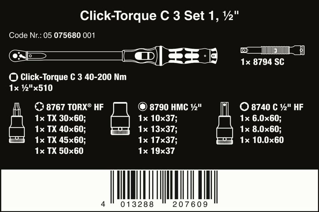 Wera C3 Click-Torque Wrench Set 40 - 200 Nm 1/2" Drive 13 Pieces 05075680001