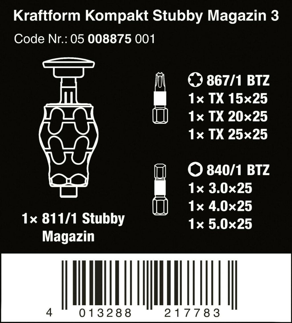 Wera Kraftform Kompakt Stubby Magazine 3 Screwdriver Set 05008875001