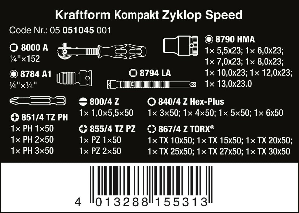 Wera Kraftform Kompakt Zyklop Speed Ratchet Set 1/4" Drive Metric 05051045001