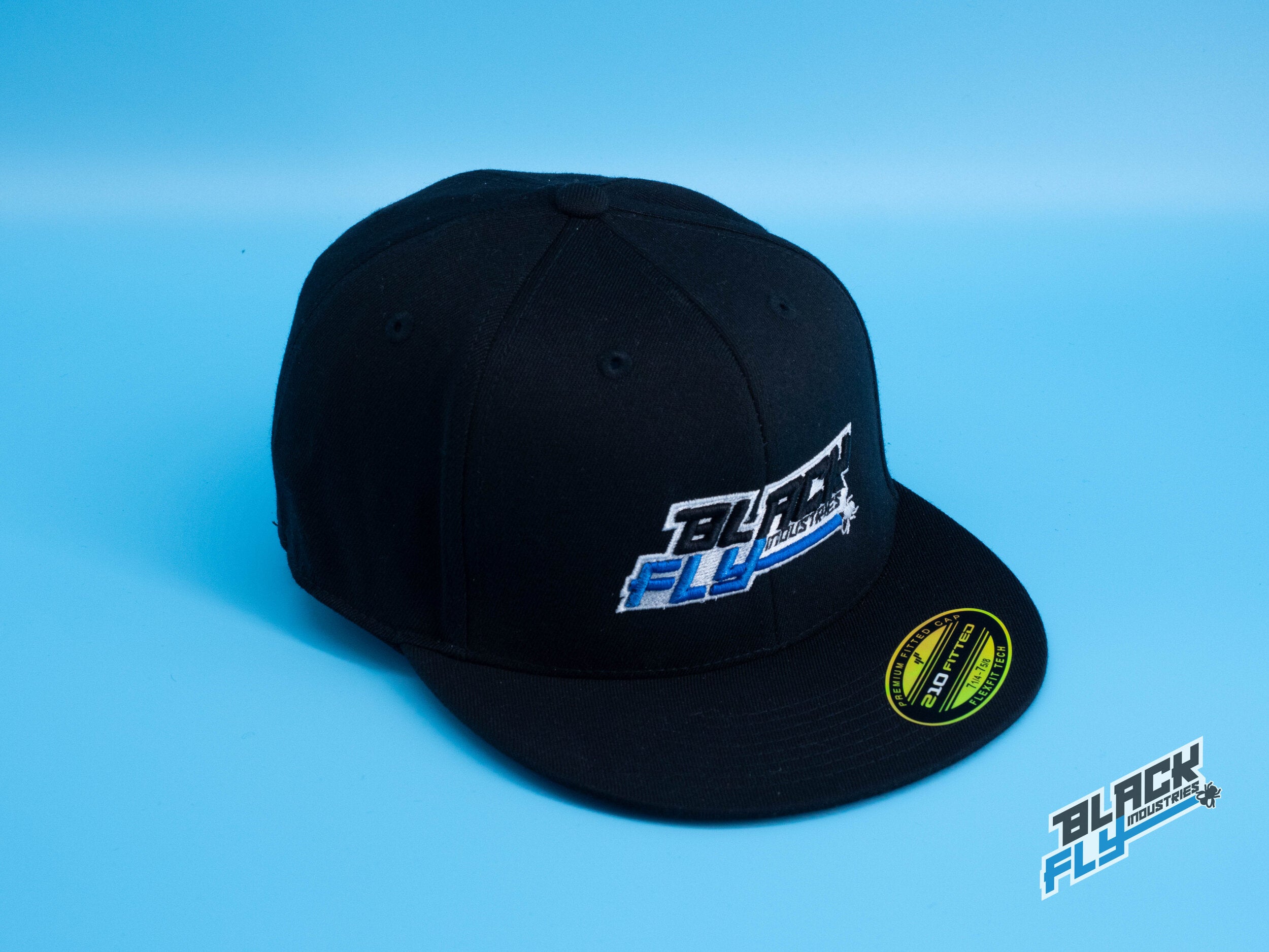 Black Fly Industries Flexfit 210 Flat Bill hat- Black with blue logo