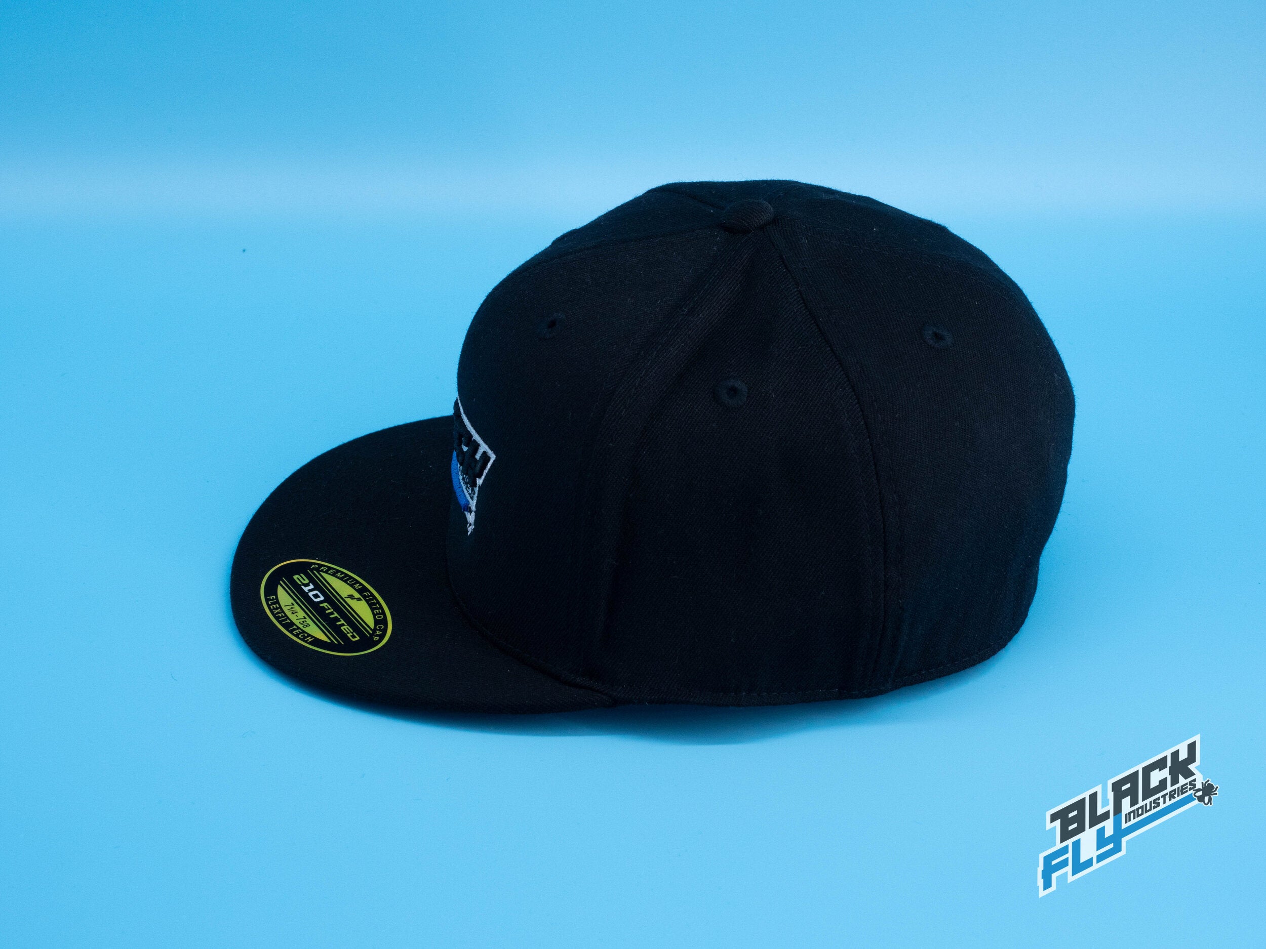 Black Fly Industries Flexfit 210 Flat Bill hat- Black with blue logo